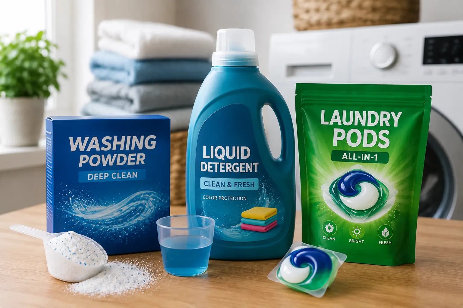Vergleich von Waschpulver, Flüssigwaschmittel und Waschmittel-Pods