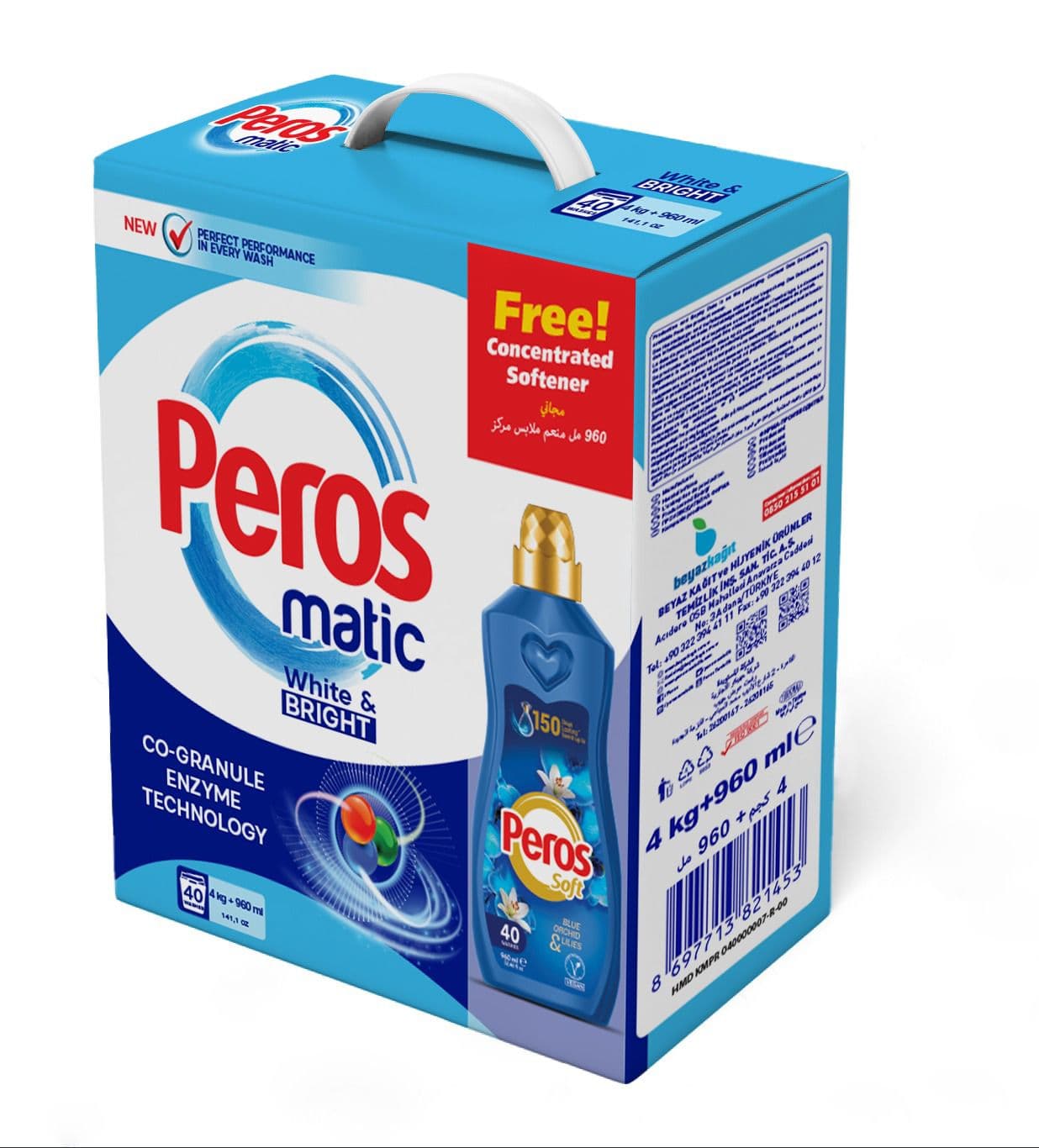 Peros Matik Dazzling Whites 4 kg + Peros Konzentrierter Weichspüler Blaue Orchidee & Lilie 960 ml – ShopDe.ee