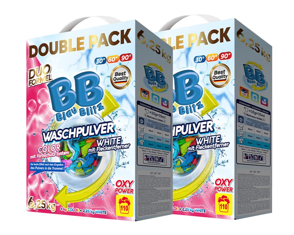 Waschpulver Blau Blitz Doppelpack 4 kg Buntwäsche / 2,25 kg Weißwäsche
