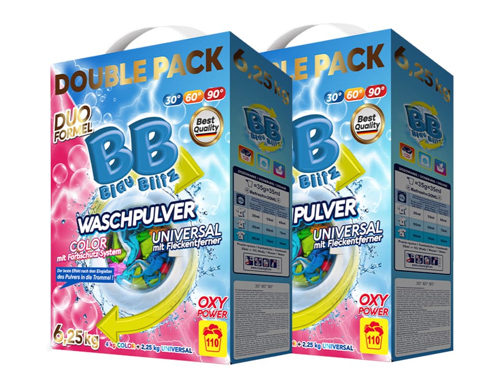 Waschpulver Blau Blitz Doppelpack 4 kg Buntwäsche / 2,25 kg Universal